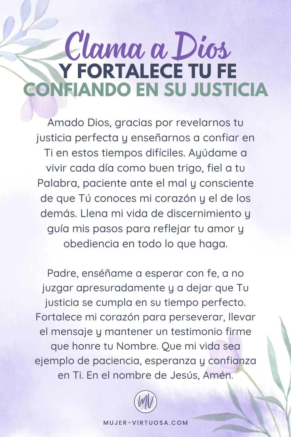 Oración poderosa que inspira a confiar en la justicia de Dios, vivir con paciencia, fe y esperanza y reflejar obediencia diaria.